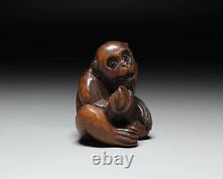 Netsuke Monkey Yellow Yang Wood Carving from Japanese antiques #279