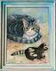 Oil Painting From Kofer Katzenmutter With Kitten Oil On Cardboard Frame Includes