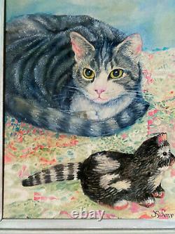 Oil Painting From Kofer Katzenmutter With Kitten Oil on Cardboard Frame Includes