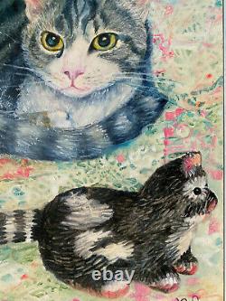 Oil Painting From Kofer Katzenmutter With Kitten Oil on Cardboard Frame Includes