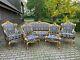 Old Sofa With 4 Chairs In Blue Damask From Around 1900. Worldwide Shipping
