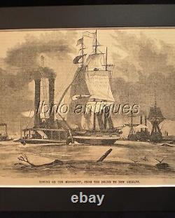 Original 1862 Wood Engraving. Towing On The Mississippi From Belize To Nola