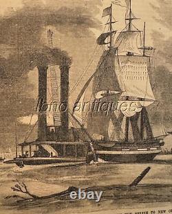 Original 1862 Wood Engraving. Towing On The Mississippi From Belize To Nola