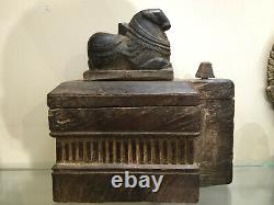 Original Hand Carved Wooden Antique Nandi Bull Offering Box From India