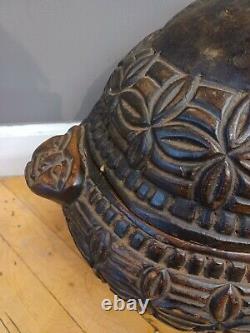 Original Handcarved MASKS Wood Bowl With Lid From Mali Africa 20 X 13 X 7.5
