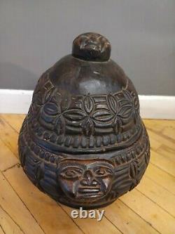 Original Handcarved MASKS Wood Bowl With Lid From Mali Africa 20 X 13 X 7.5