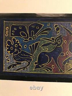 Original Mexican Folk Art Blue Lacquer Wood from the State of Guerrero 8 x 3.5