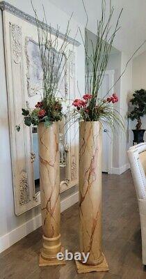 PAIR HAND PAINTED PLANTER FLOOR VASES from SALVAGED ANTIQUE WOOD COLUMN 47 TALL
