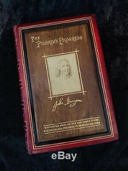 PILGRIMS PROGRESS Elstow Edition WOOD FROM CHURCH Bunyan Portrait RARE BINDING