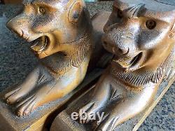 Pair Antique Golden Oak Carved Recumbent Lions Sphinx Salvage from Sideboard or