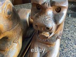 Pair Antique Golden Oak Carved Recumbent Lions Sphinx Salvage from Sideboard or