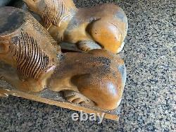 Pair Antique Golden Oak Carved Recumbent Lions Sphinx Salvage from Sideboard or