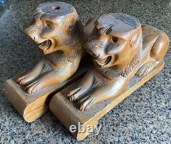 Pair Antique Golden Oak Carved Recumbent Lions Sphinx Salvage from Sideboard or