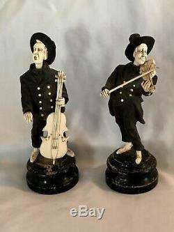 Pair Antique Musicians Hand Caved From Wood & Bovine Bone Made In 19 Century