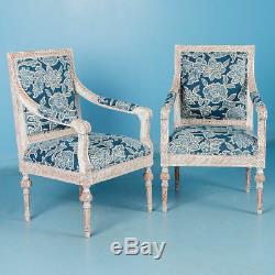 Pair, Antique White Painted Gustavian Armchairs From Sweden with Blue Fabric