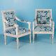 Pair, Antique White Painted Gustavian Armchairs From Sweden With Blue Fabric