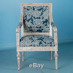 Pair, Antique White Painted Gustavian Armchairs From Sweden with Blue Fabric