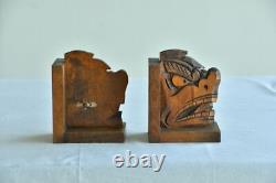 Pair Vintage Solid Wood Bookends Tengu Face Antique Retro from Japan