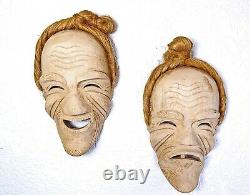 Pair of Japanese Carved Wood Masks, Rare Angama Masks from Ishigaki Okinawa