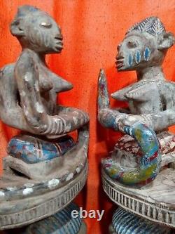 Pair of Women with Snakes on Top from Bamana Authentic Carved Wood African Art