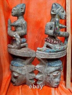 Pair of Women with Snakes on Top from Bamana Authentic Carved Wood African Art