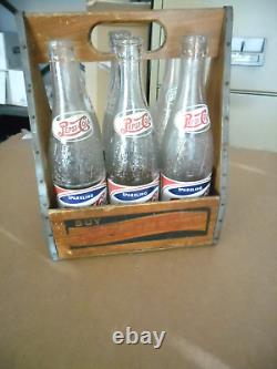 Pepsi Bouble Dot Wood 6 Pack Holder With Bottles 1940's From Nc / Sc / Va / Mo