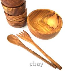Pimfa Olive Wood Salad Bowl Set Spain 7 Pieces Artisan Made from Solid Wood