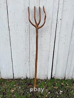 Primitive Pitchfork Hand Carved From Tree Root, 4 Prong Antique 1800s Hay Fork