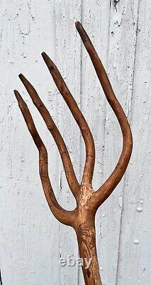 Primitive Pitchfork Hand Carved From Tree Root, 4 Prong Antique 1800s Hay Fork