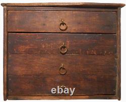 RARE EARLY 20TH C PRMTV SM 4-DRWR WDN BOX WithBRASS RING PULLS MD FROM CIGAR BOXES