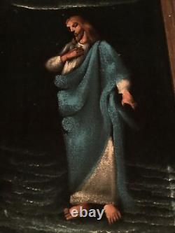 RARE! Original Art Of Jesus On Black Velvet. Wood Frame From Mexico 19 x 23