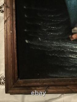 RARE! Original Art Of Jesus On Black Velvet. Wood Frame From Mexico 19 x 23