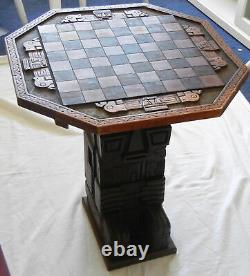 RARE & Unique Vintage Wood Carved Chessboard, Stand & Chessmen From PERU