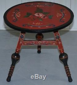 Rare Antique Hand Painted Gypsy Table From Holland Lovely Turned Legs Flowers