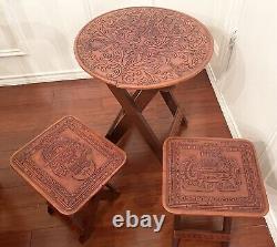 Rare Peruvian Leather & Wood Table with Two Stools Set from Peru