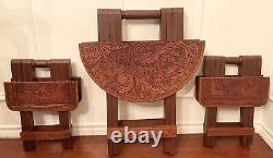 Rare Peruvian Leather & Wood Table with Two Stools Set from Peru