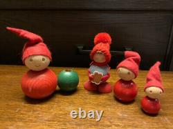 Rare Vintage Red Wooden Elves from Aarikka Finland & Sirkka Tonttu Set of 4