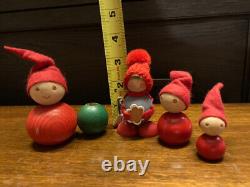 Rare Vintage Red Wooden Elves from Aarikka Finland & Sirkka Tonttu Set of 4