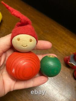 Rare Vintage Red Wooden Elves from Aarikka Finland & Sirkka Tonttu Set of 4