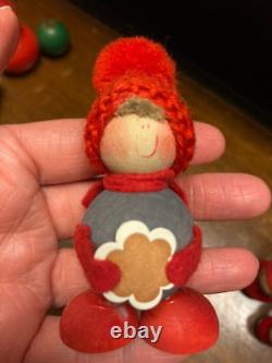 Rare Vintage Red Wooden Elves from Aarikka Finland & Sirkka Tonttu Set of 4