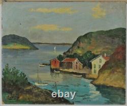 Signed View From A Fjord IN Norway With Houses And Boats