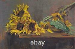 Sunflower on Shelf floral still life painted from life, 12x18 oil on canvas
