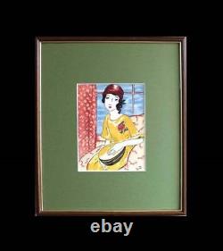 Takehisa Yumeji Mandolin Framed Original Wood Block Print Art from Japan