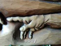 The Creation of Adam, Wood Carved handmade Picture from solid Linden wood