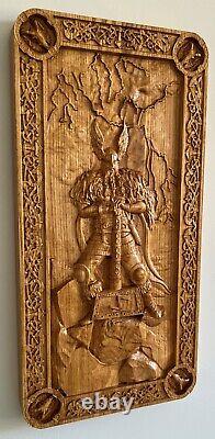 Thor god of thunder from Norse mythology, Wood carved picture, viking