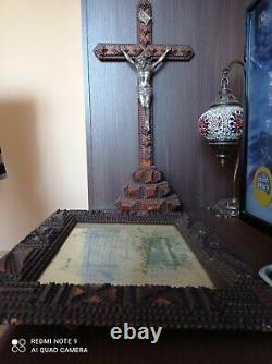 Tramp Art, original frame with a souvenir from the communion from 1889