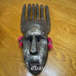 Tribal Bambara N'tomo Horned. Wood With Metal Mask From Mali Africa, Wall Decor