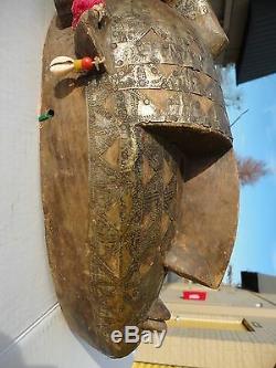 Tribal Bambara N'tomo Horned. Wood with metal Mask from Mali Africa, wall decor