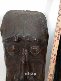 Two Large Folk Art Carvings Made From Split Log Theater Mask 10 X 24 X 5