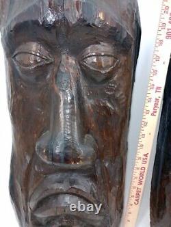 Two Large Folk Art Carvings Made From Split Log Theater Mask 10 X 24 X 5